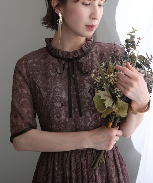 atlo ドレス 結婚式 パーティードレス モールレースミモレ丈&七分袖大きいサイズフォーマルオケージョンドレスお呼ばれ 二次会 成人式