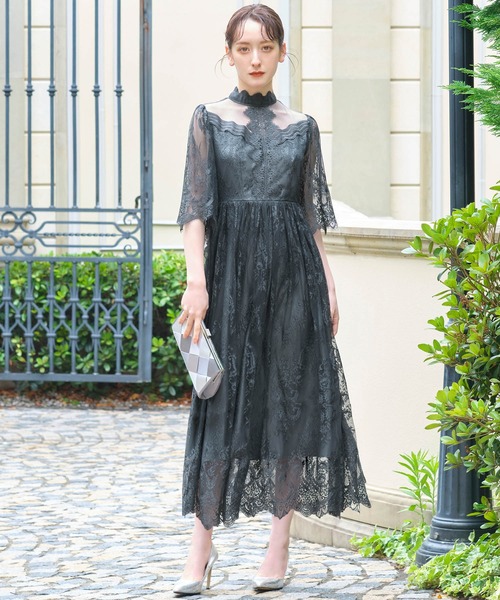 GIRL DRESS FOR NOW ドレス 総レースハイネックスカラップ フレア ロング 結婚式 ワンピース パーティードレス オケージョンドレス お呼ばれ 二次会 成人式 同窓会 マタ - 画像 (5)