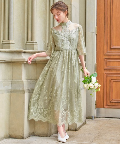 GIRL DRESS FOR NOW ドレス 総レースハイネックスカラップ フレア ロング 結婚式 ワンピース パーティードレス オケージョンドレス お呼ばれ 二次会 成人式 同窓会 マタ - 画像 (6)