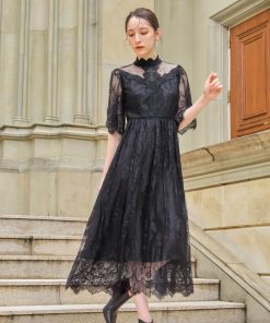 GIRL DRESS FOR NOW ドレス 総レースハイネックスカラップ フレア ロング 結婚式 ワンピース パーティードレス オケージョンドレス お呼ばれ 二次会 成人式 同窓会 マタ