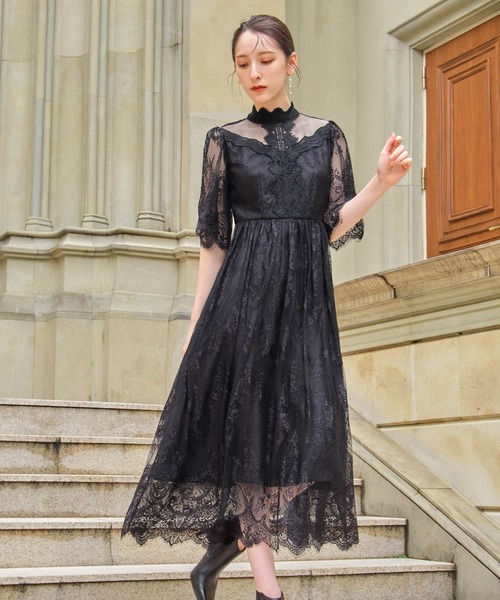 GIRL DRESS FOR NOW ドレス 総レースハイネックスカラップ フレア ロング 結婚式 ワンピース パーティードレス オケージョンドレス お呼ばれ 二次会 成人式 同窓会 マタ