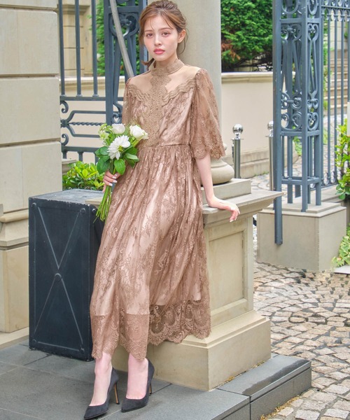 GIRL DRESS FOR NOW ドレス 総レースハイネックスカラップ フレア ロング 結婚式 ワンピース パーティードレス オケージョンドレス お呼ばれ 二次会 成人式 同窓会 マタ - 画像 (4)