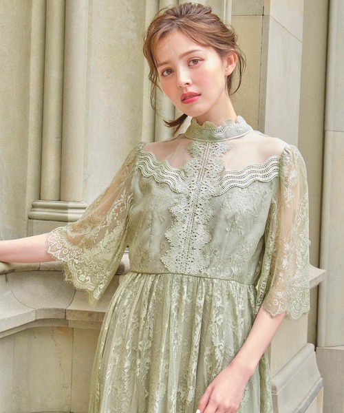 GIRL DRESS FOR NOW ドレス 総レースハイネックスカラップ フレア ロング 結婚式 ワンピース パーティードレス オケージョンドレス お呼ばれ 二次会 成人式 同窓会 マタ - 画像 (7)