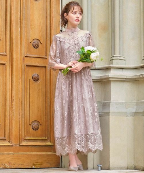 GIRL DRESS FOR NOW ドレス 総レースハイネックスカラップ フレア ロング 結婚式 ワンピース パーティードレス オケージョンドレス お呼ばれ 二次会 成人式 同窓会 マタ - 画像 (9)