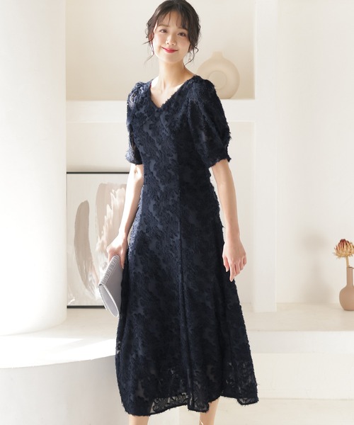 PourVous ドレス 七分袖&ミモレ丈 パーティードレス バックリボンお呼ばれ結婚式フォーマルオケージョンドレス 二次会 成人式 同窓会 謝恩会 20代 30代 - 画像 (4)