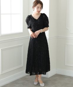 PourVous ドレス 七分袖＆ミモレ丈 パーティードレス バックリボンお呼ばれ結婚式フォーマルオケージョンドレス 二次会 成人式 同窓会 謝恩会 20代 30代