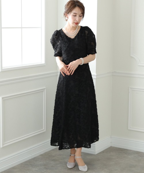 PourVous ドレス 七分袖&ミモレ丈 パーティードレス バックリボンお呼ばれ結婚式フォーマルオケージョンドレス 二次会 成人式 同窓会 謝恩会 20代 30代