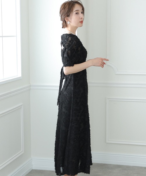 PourVous ドレス 七分袖&ミモレ丈 パーティードレス バックリボンお呼ばれ結婚式フォーマルオケージョンドレス 二次会 成人式 同窓会 謝恩会 20代 30代 - 画像 (6)