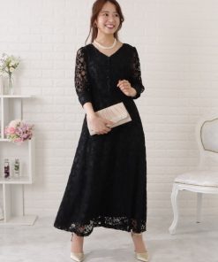 Lace Ladies ドレス 総レース7分袖Vネックフレアワンピース