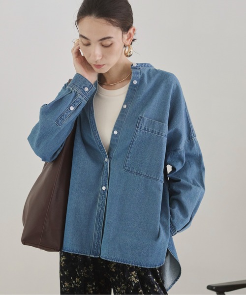 ANGIE ブラウス シャツ オーバーサイズ バンドカラー デニムシャツ レディース - 画像 (5)