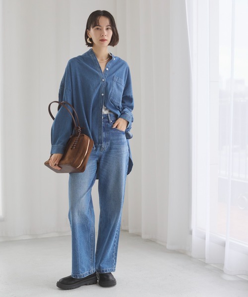 ANGIE ブラウス シャツ オーバーサイズ バンドカラー デニムシャツ レディース - 画像 (8)