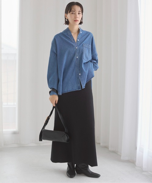 ANGIE ブラウス シャツ オーバーサイズ バンドカラー デニムシャツ レディース - 画像 (9)