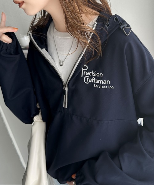 Java ブルゾン アウター 「Javaジャバコラボ」トレンド感をプラス。胸元刺繍配色ハーフジップアノラックパーカー レディース - 画像 (4)