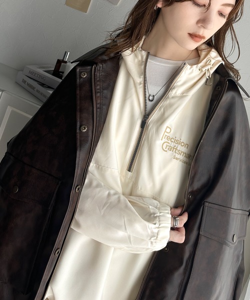 Java ブルゾン アウター 「Javaジャバコラボ」トレンド感をプラス。胸元刺繍配色ハーフジップアノラックパーカー レディース - 画像 (6)