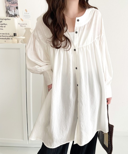 classicalelf ブラウス シャツ 可愛さとトレンド感の両立。前後2WAY配色ステッチボリュームギャザーチュニックブラウス(7分袖) レディース - 画像 (3)