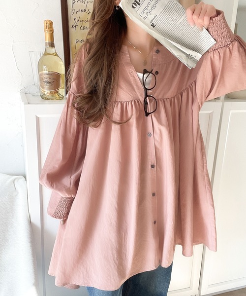 classicalelf ブラウス シャツ 可愛さとトレンド感の両立。前後2WAY配色ステッチボリュームギャザーチュニックブラウス(7分袖) レディース - 画像 (6)