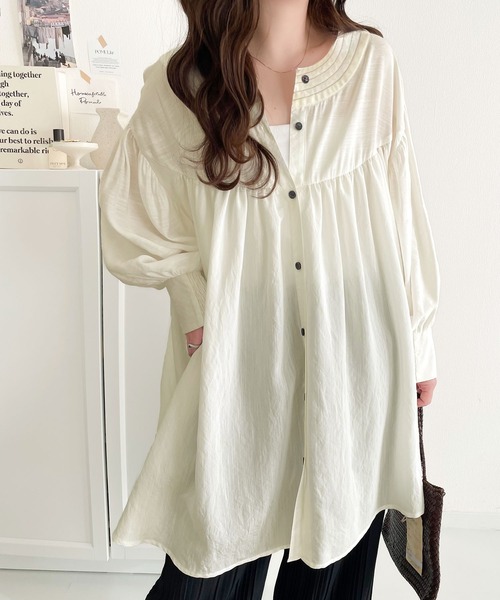 classicalelf ブラウス シャツ 可愛さとトレンド感の両立。前後2WAY配色ステッチボリュームギャザーチュニックブラウス(7分袖) レディース - 画像 (2)