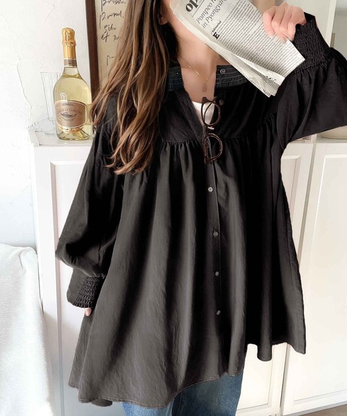 classicalelf ブラウス シャツ 可愛さとトレンド感の両立。前後2WAY配色ステッチボリュームギャザーチュニックブラウス(7分袖) レディース - 画像 (4)