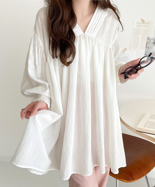 classicalelf ブラウス シャツ 可愛さとトレンド感の両立。前後2WAY配色ステッチボリュームギャザーチュニックブラウス(7分袖) レディース - 画像 (9)