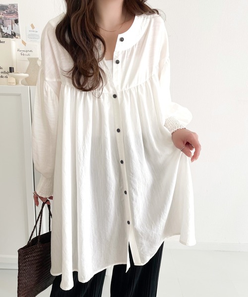 classicalelf ブラウス シャツ 可愛さとトレンド感の両立。前後2WAY配色ステッチボリュームギャザーチュニックブラウス(7分袖) レディース - 画像 (7)