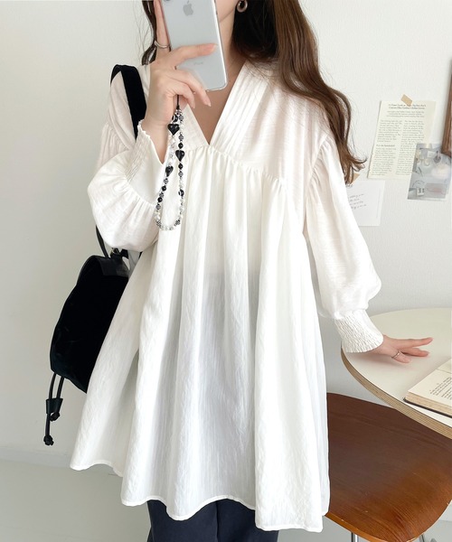 classicalelf ブラウス シャツ 可愛さとトレンド感の両立。前後2WAY配色ステッチボリュームギャザーチュニックブラウス(7分袖) レディース - 画像 (8)