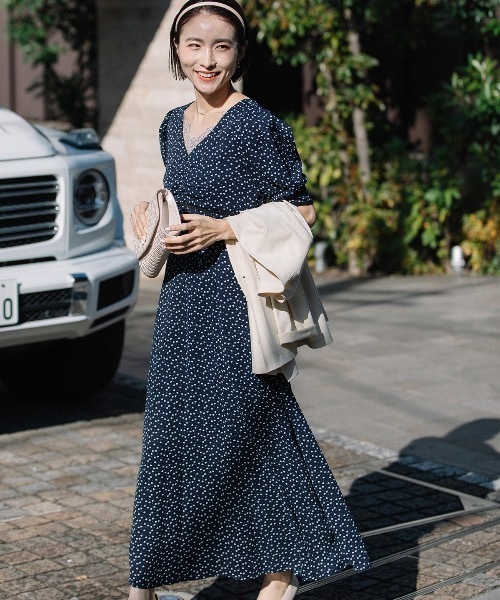 anni plus ドレス 「メゾンのセレモニースタイル/高身長の方にもお勧め」ハートドット 胸元レース ロングフレアワンピース - 画像 (3)