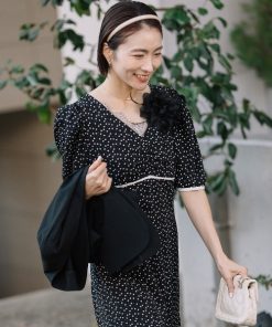 anni plus ドレス 「メゾンのセレモニースタイル/高身長の方にもお勧め」ハートドット 胸元レース ロングフレアワンピース