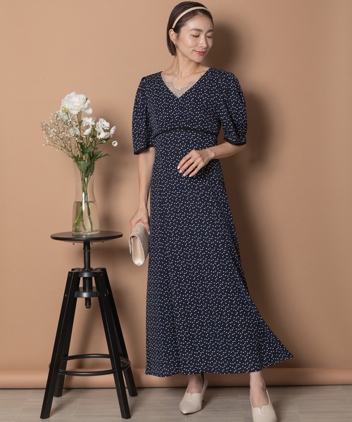 anni plus ドレス 「メゾンのセレモニースタイル/高身長の方にもお勧め」ハートドット 胸元レース ロングフレアワンピース - 画像 (6)