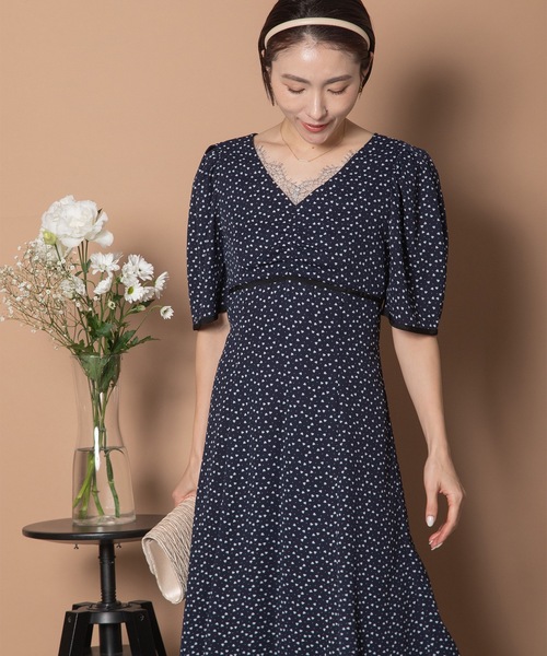 anni plus ドレス 「メゾンのセレモニースタイル/高身長の方にもお勧め」ハートドット 胸元レース ロングフレアワンピース - 画像 (7)