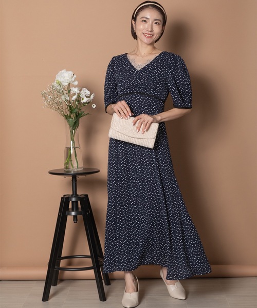 anni plus ドレス 「メゾンのセレモニースタイル/高身長の方にもお勧め」ハートドット 胸元レース ロングフレアワンピース - 画像 (8)