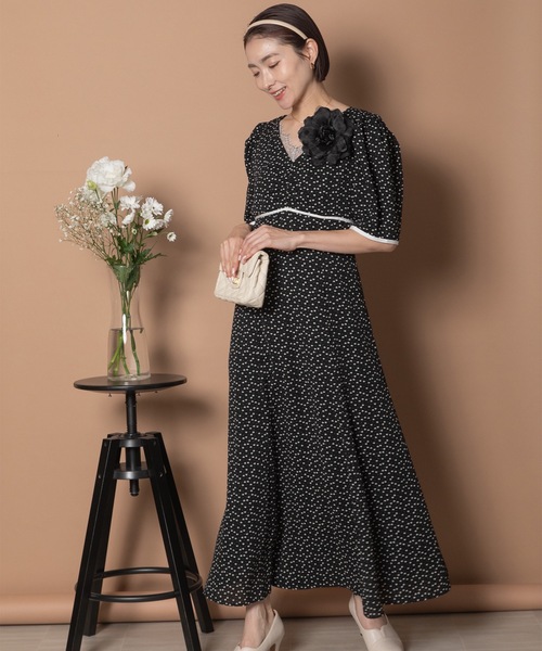 anni plus ドレス 「メゾンのセレモニースタイル/高身長の方にもお勧め」ハートドット 胸元レース ロングフレアワンピース - 画像 (4)