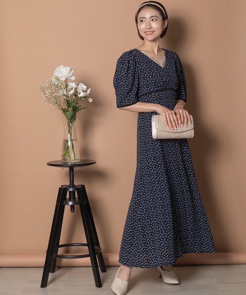 anni plus ドレス 「メゾンのセレモニースタイル/高身長の方にもお勧め」ハートドット 胸元レース ロングフレアワンピース - 画像 (5)