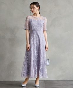AIMER ドレス フラワーモチーフスパンコール刺繍ミモレ丈袖付きパーティードレス　結婚式　お呼ばれ　ドレス　20代 30代 40代