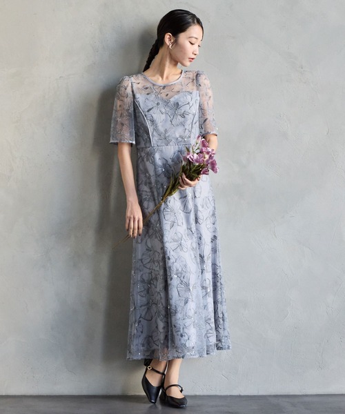 AIMER ドレス フラワーモチーフスパンコール刺繍ミモレ丈袖付きパーティードレス 結婚式 お呼ばれ ドレス 20代 30代 40代 - 画像 (3)