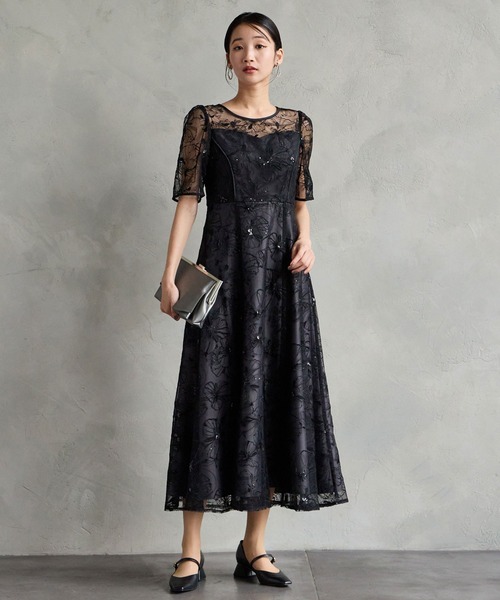 AIMER ドレス フラワーモチーフスパンコール刺繍ミモレ丈袖付きパーティードレス 結婚式 お呼ばれ ドレス 20代 30代 40代 - 画像 (2)