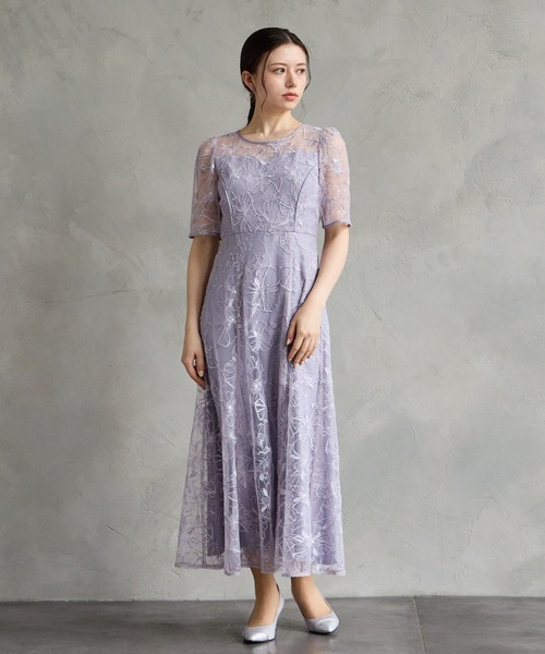 AIMER ドレス フラワーモチーフスパンコール刺繍ミモレ丈袖付きパーティードレス 結婚式 お呼ばれ ドレス 20代 30代 40代 - 画像 (5)