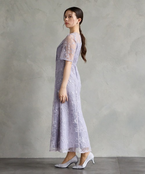 AIMER ドレス フラワーモチーフスパンコール刺繍ミモレ丈袖付きパーティードレス 結婚式 お呼ばれ ドレス 20代 30代 40代 - 画像 (6)