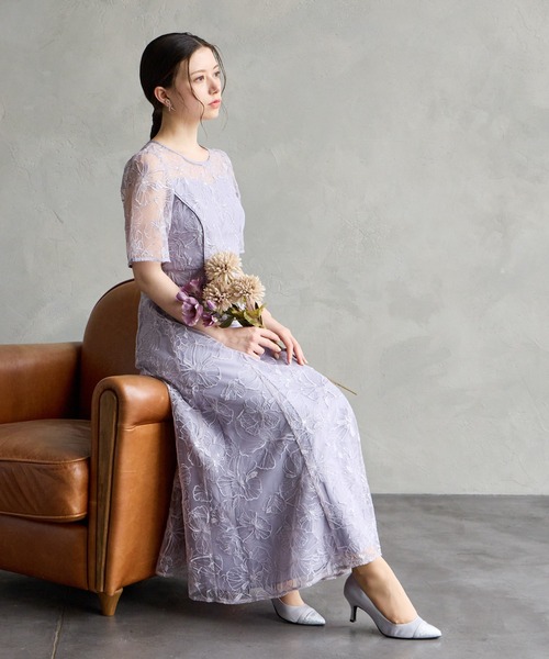 AIMER ドレス フラワーモチーフスパンコール刺繍ミモレ丈袖付きパーティードレス 結婚式 お呼ばれ ドレス 20代 30代 40代 - 画像 (8)