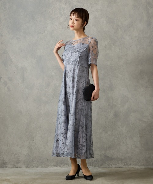 AIMER ドレス フラワーモチーフスパンコール刺繍ミモレ丈袖付きパーティードレス 結婚式 お呼ばれ ドレス 20代 30代 40代 - 画像 (9)