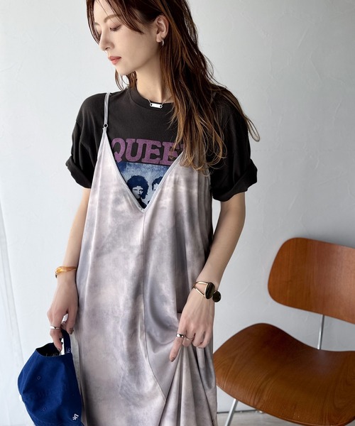 classicalelf ワンピース そよ風シフォン♪ふわり柔らかシルエットで“涼”を着回す。前後2wayチュールレイヤードロングキャミワンピース(ブラック&マーブル柄) - 画像 (3)