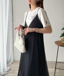 classicalelf ワンピース そよ風シフォン♪ふわり柔らかシルエットで“涼”を着回す。前後2wayチュールレイヤードロングキャミワンピース(ブラック&マーブル柄)