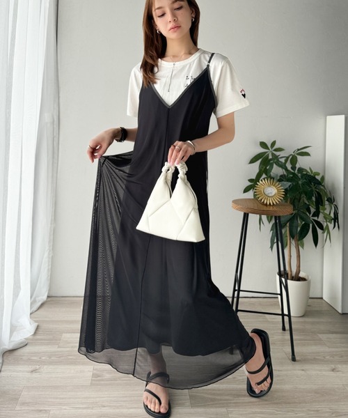 classicalelf ワンピース そよ風シフォン♪ふわり柔らかシルエットで“涼”を着回す。前後2wayチュールレイヤードロングキャミワンピース(ブラック&マーブル柄) - 画像 (7)