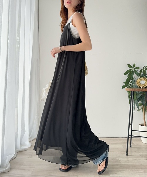 classicalelf ワンピース そよ風シフォン♪ふわり柔らかシルエットで“涼”を着回す。前後2wayチュールレイヤードロングキャミワンピース(ブラック&マーブル柄) - 画像 (9)