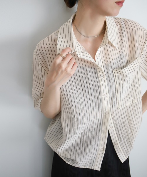 select MOCA ブラウス シャツ シアーストライプショートシャツ レディース - 画像 (2)