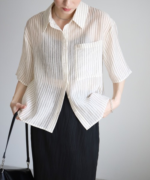 select MOCA ブラウス シャツ シアーストライプショートシャツ レディース - 画像 (8)