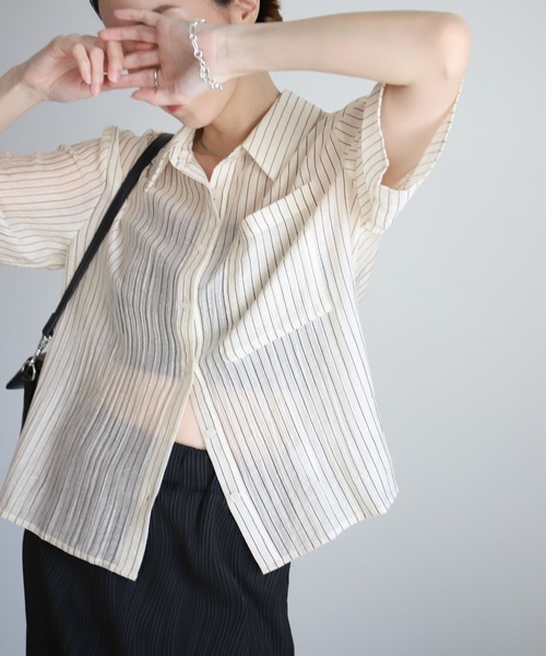 select MOCA ブラウス シャツ シアーストライプショートシャツ レディース - 画像 (7)