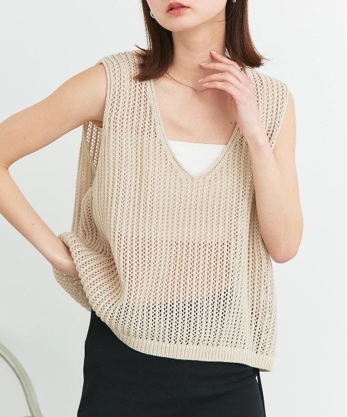 ad thie ニット セーター Vネックメッシュ ニットベスト レディース - 画像 (6)
