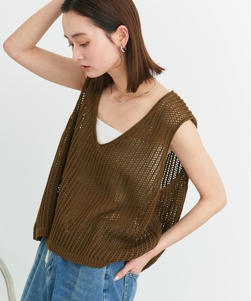 ad thie ニット セーター Vネックメッシュ ニットベスト レディース - 画像 (5)