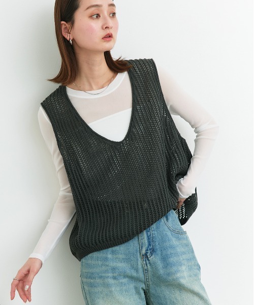 ad thie ニット セーター Vネックメッシュ ニットベスト レディース - 画像 (4)
