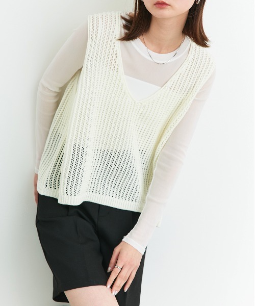 ad thie ニット セーター Vネックメッシュ ニットベスト レディース - 画像 (2)